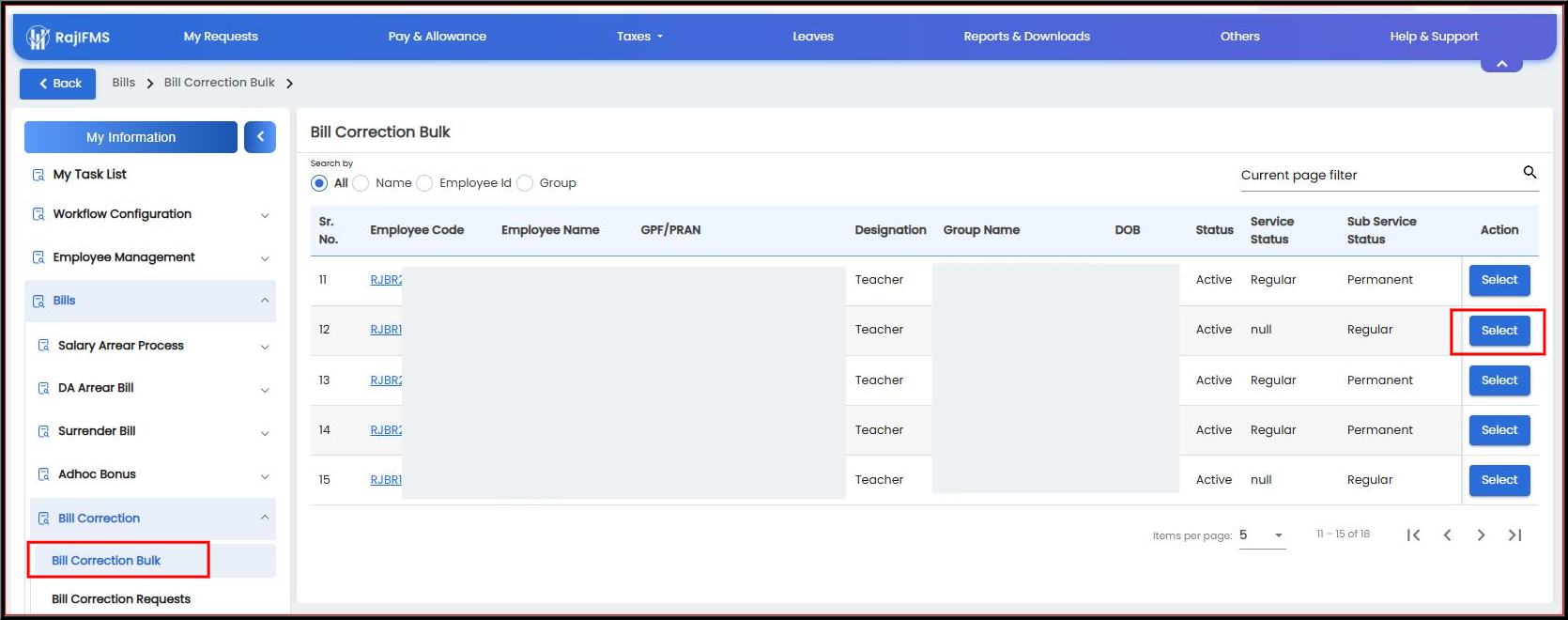 Select Employee in IFMS 3.0